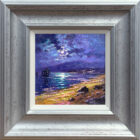 Moonlight Reflections Windermere lake district an original oil painting by Andrew Grant Kurtis. A stunning purple moonlit scene with the full moon reflections in the lake.