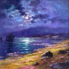 Moonlight Reflections Windermere lake district an original oil painting by Andrew Grant Kurtis. A stunning purple moonlit scene with the full moon reflections in the lake.
