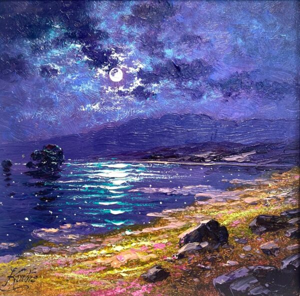 Moonlight Reflections Windermere lake district an original oil painting by Andrew Grant Kurtis. A stunning purple moonlit scene with the full moon reflections in the lake.