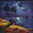 lake district art original oil painting moonlight sparkle ullswater by andrew grant kurtis of moonlight catching ripples on the lake with orangey yellow shore and trees.