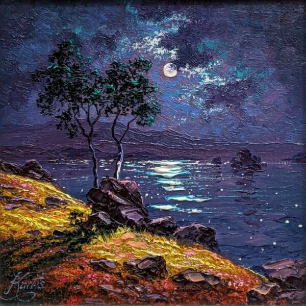 lake district art original oil painting moonlight sparkle ullswater by andrew grant kurtis of moonlight catching ripples on the lake with orangey yellow shore and trees.
