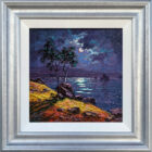 lake district art original oil painting moonlight sparkly ullswater by andrew grant kurtis in a silver frame with white slip.