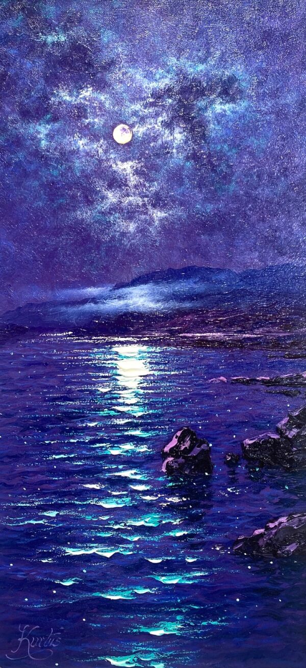 Moonlight Sparkle Windermere Lake District an original oil painting by Andrew Grant Kurtis