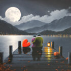 Lake District art original oil painting by David Renshaw. moonlit mountains of love. ted and doris on lake pier with black and white view autumn leaves pumpkin red love heart