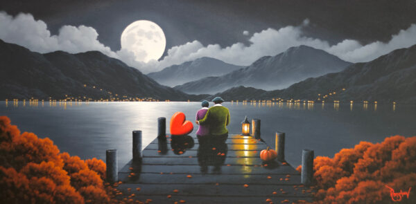 Lake District art original oil painting by David Renshaw. moonlit mountains of love. ted and doris on lake pier with black and white view autumn leaves pumpkin red love heart
