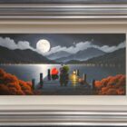 Lake District art original oil painting by David Renshaw. moonlit mountains of love. ted and doris on lake pier with black and white view autumn leaves pumpkin red love heart