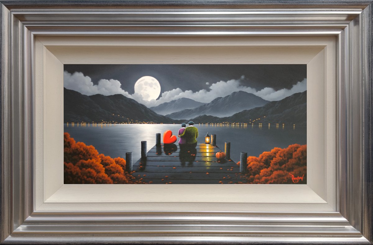 Lake District art original oil painting by David Renshaw. moonlit mountains of love. ted and doris on lake pier with black and white view autumn leaves pumpkin red love heart