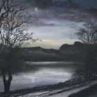 lake district art original charcoal painting of the view from Elterwater looking towards the Langdales in the moonlight