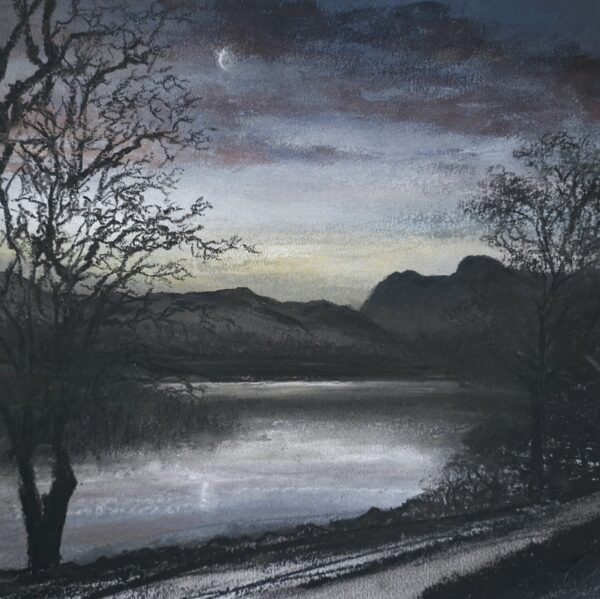 lake district art original charcoal painting of the view from Elterwater looking towards the Langdales in the moonlight