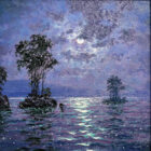 Nocturne breeze Derwentwater lake district an original oil painting by Andrew Grant Kurtis. A stunning purple moonlit scene with the full moon reflections in the lake.