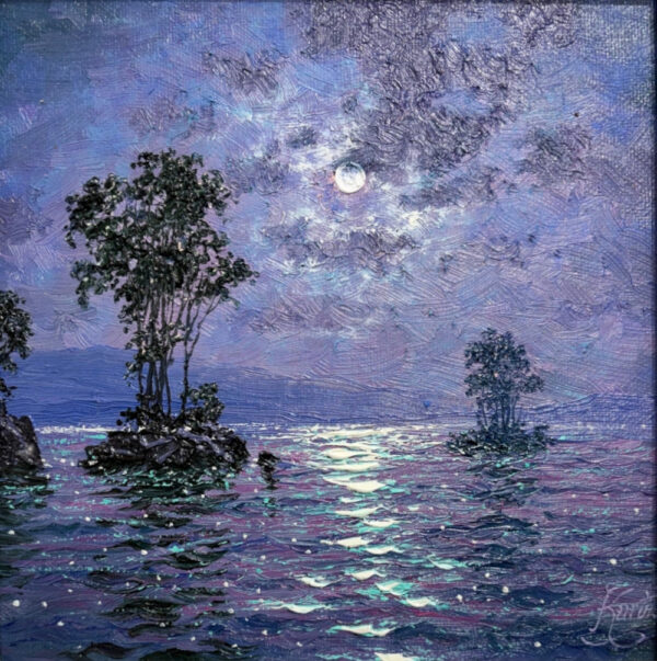 Nocturne breeze Derwentwater lake district an original oil painting by Andrew Grant Kurtis. A stunning purple moonlit scene with the full moon reflections in the lake.