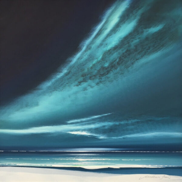 Lake District art original acrylic painting Northern Skies by Jonathan Shaw of a dramatic skyscape over a shoreline in turqouise.
