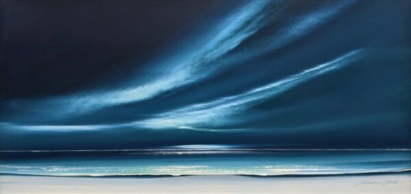 Lake District art original acrylic painting Northern Skies by Jay Nottingham of a dramatic sweeping turquoise blue sky over the sea.