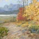 Lake District art original oil painting by Jeff Sudders. A beautiful autumnal scene with Lake Windermere and The Langdale Pikes in the distance