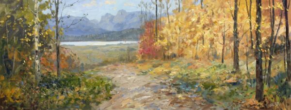 Lake District art original oil painting by Jeff Sudders. A beautiful autumnal scene with Lake Windermere and The Langdale Pikes in the distance