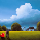 Lake District art original oil painting by David Renshaw. Ted and Doris with red love heart blue skies green field and cosy cottage house