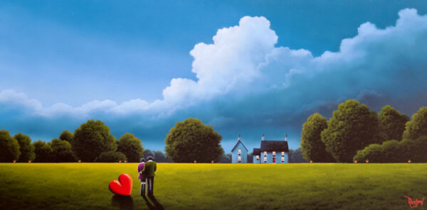 Lake District art original oil painting by David Renshaw. Ted and Doris with red love heart blue skies green field and cosy cottage house