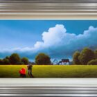 Lake District art original oil painting by David Renshaw. Ted and Doris with red love heart blue skies green field and cosy cottage house
