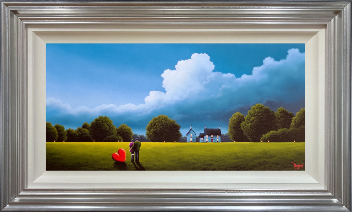 Lake District art original oil painting by David Renshaw. Ted and Doris with red love heart blue skies green field and cosy cottage house