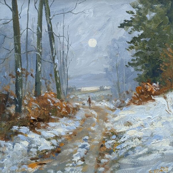 Lake District art original oil painting Out with the Dog by Jeff Sudders of a distant dog walker on a snowy track through a wood with a blue evening sky and moon.