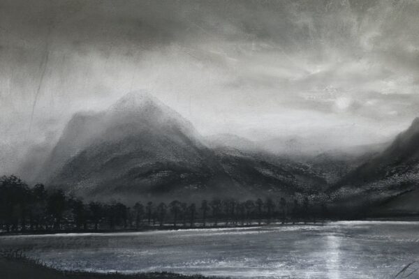 lake district art original charcoal painting of an atmospheric Buttermere and Fleetwith Pike