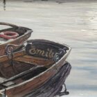lake district art original painting rowing boat by simon whitfield of two rowing boats moored at waterhead windermere
