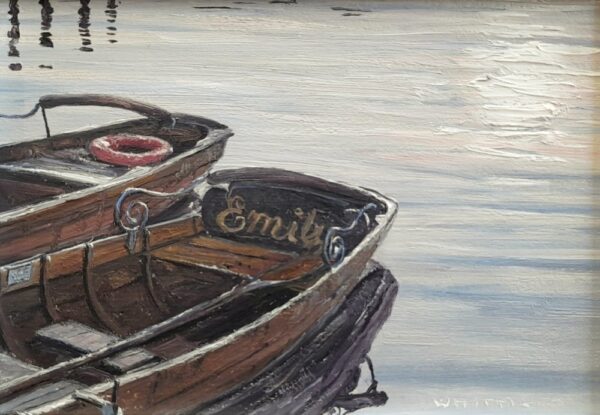 lake district art original painting rowing boat by simon whitfield of two rowing boats moored at waterhead windermere