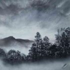 lake district art original mixed media painting rural stagelight the old man of coniston by daniel cooper of moody skies and trees with the coniston mountains