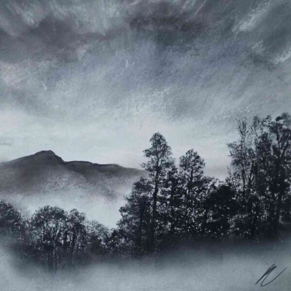 lake district art original mixed media painting rural stagelight the old man of coniston by daniel cooper of moody skies and trees with the coniston mountains