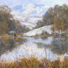 Lake District art Rydal Boat House by Jeff Sudders of the boat house by Rydal Water with snow on the mountains behind and orange winter foliage and trees.
