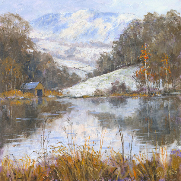 Lake District art Rydal Boat House by Jeff Sudders of the boat house by Rydal Water with snow on the mountains behind and orange winter foliage and trees.
