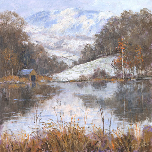Oil painting of Rydal Water in the Lake District in the snow by Jeff Sudders. View of the Boat House looking back to Ambleside and Wansfell.