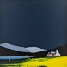 Lake District art original acrylic painting Rydal Water by Jay Nottingham with dark blue sky mountain silhouettes and yellow foreground with white cottage with red door.