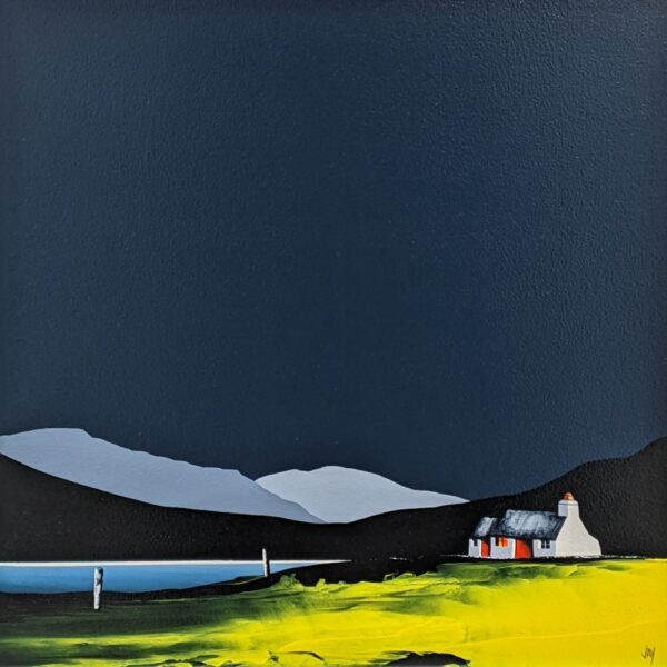 Lake District art original acrylic painting Rydal Water by Jay Nottingham with dark blue sky mountain silhouettes and yellow foreground with white cottage with red door.