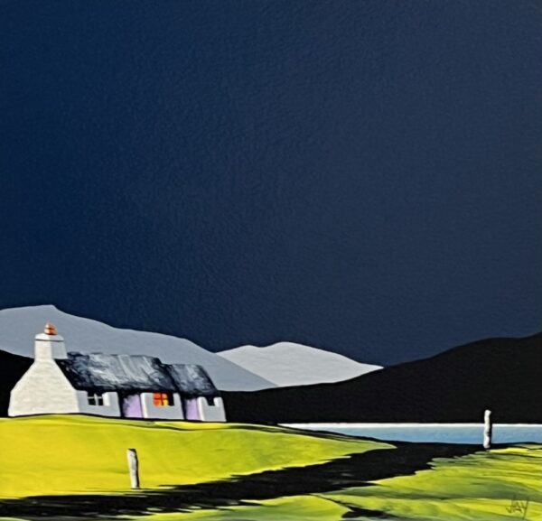 Lake District art original acrylic painting Rydal Water by Jay Nottingham in his minimal syle with dark blue sky mountain sihoettes and white house with red door.