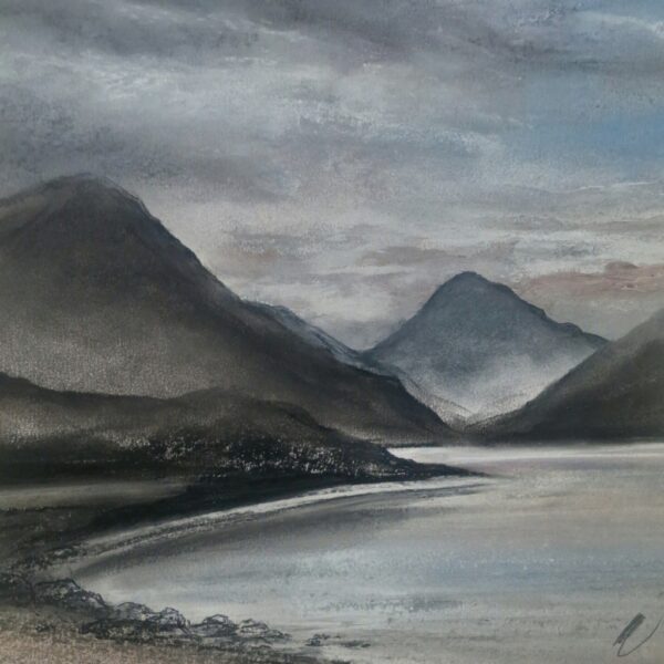 lake district art original charcoal painting of the view from Wastwater looking towards Great Gable and Yewbarrow Fell