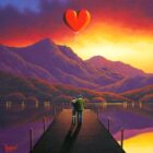 lake district art original oil painting savouring this special moment by david renshaw of a couple standing on sunset jetty with red hearts rising above them