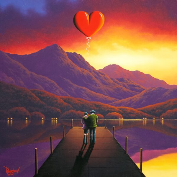 lake district art original oil painting savouring this special moment by david renshaw of a couple standing on sunset jetty with red hearts rising above them