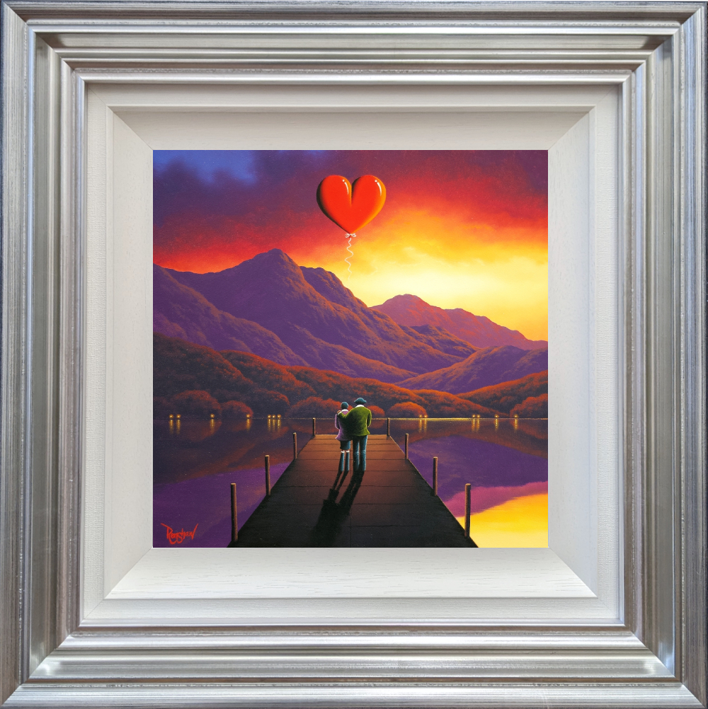 lake district art original oil painting savouring this special moment by david renshaw of a couple standing on sunset jetty with red hearts rising above them