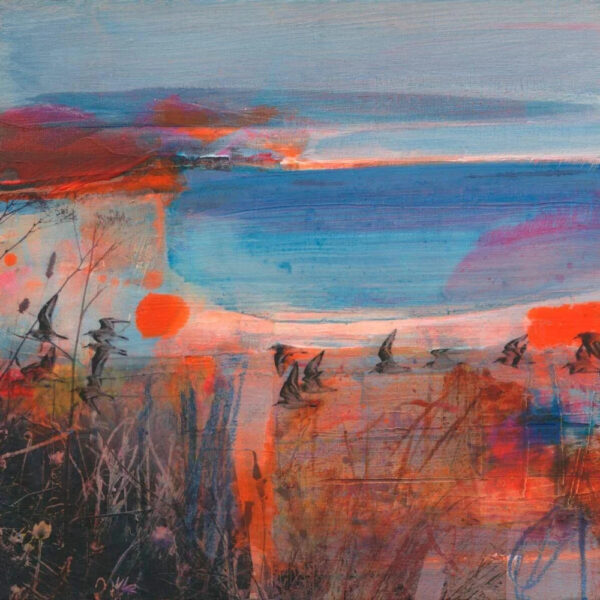 Limited Edition Giclee print by Kate Boyce skirting the sunset shore colourful abstract birds in flight