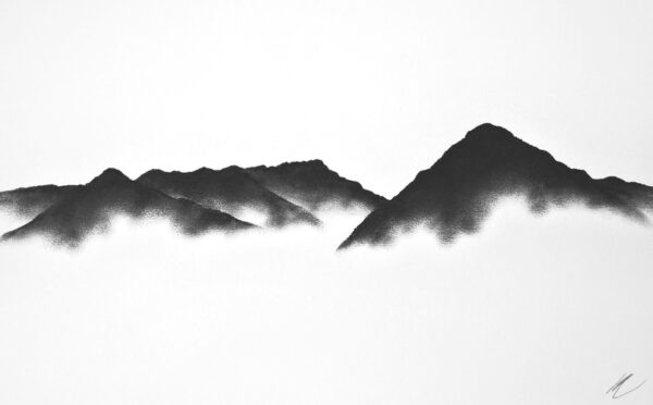 lake district art original charcoal painting of Buck Pike, Brown Pike, Dow Crag and Old Man of Coniston