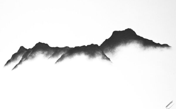 lake district art original charcoal artwork solitude form 24 the langdale pikes from blea tarn by daniel cooper of a charcoal silhouette of the mountain range.