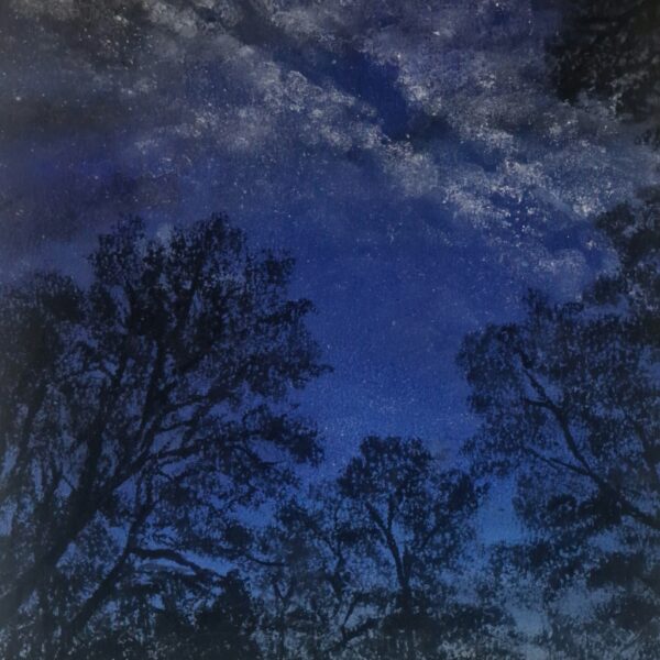 lake district art original charcoal painting of the Milky Way over the Brantwood Estate in Coniston
