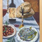 An original still life acrylic painting Spanish Kitchen by Cumbria based artist Donna Flowers Dorning.