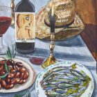 An original still life acrylic painting Spanish Kitchen by Cumbria based artist Donna Flowers Dorning.