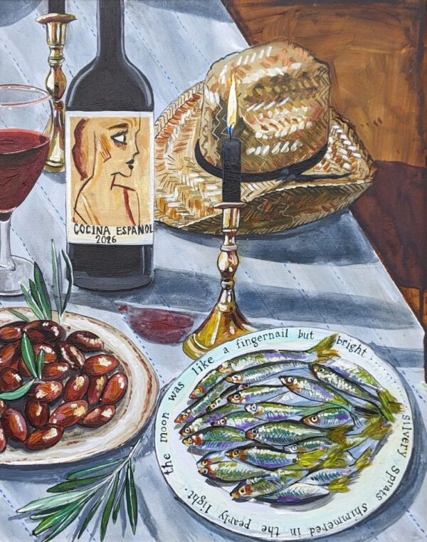 An original still life acrylic painting Spanish Kitchen by Cumbria based artist Donna Flowers Dorning.