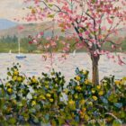 Oil painting of a flowering pink tree beside a lake, with colorful flowers in the foreground.