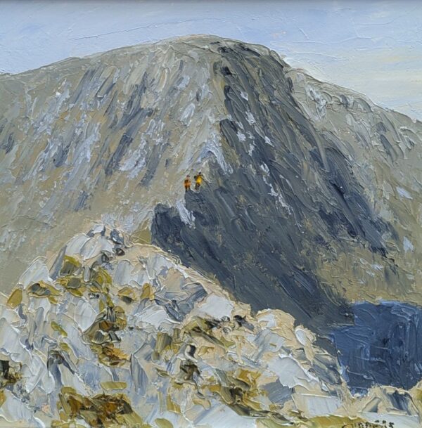 lake district art original oil painting by local artist Jeff Sudders featuring Striding Edge with hikers.