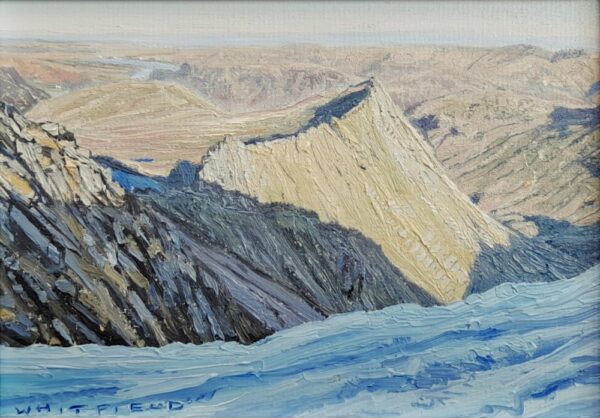 lake district art original oil painting striding edge (from near lad crag) by simon whitfield of the ridge and mountains with a glimpse of red tarn
