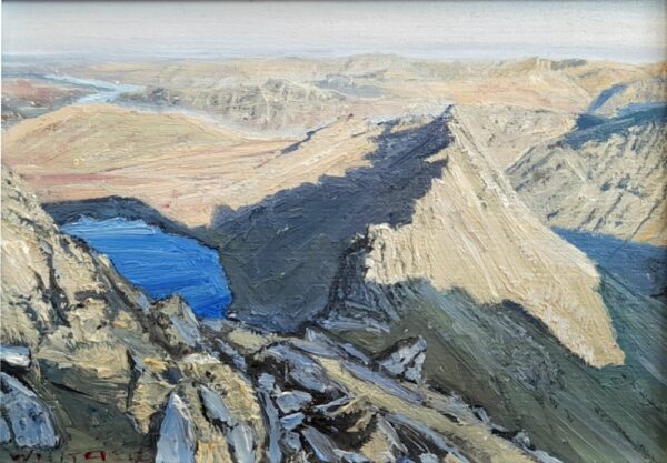 original oil painting by local artist Simon Whitfield featuring striding edge helvellyn from the castle featuring red tarn